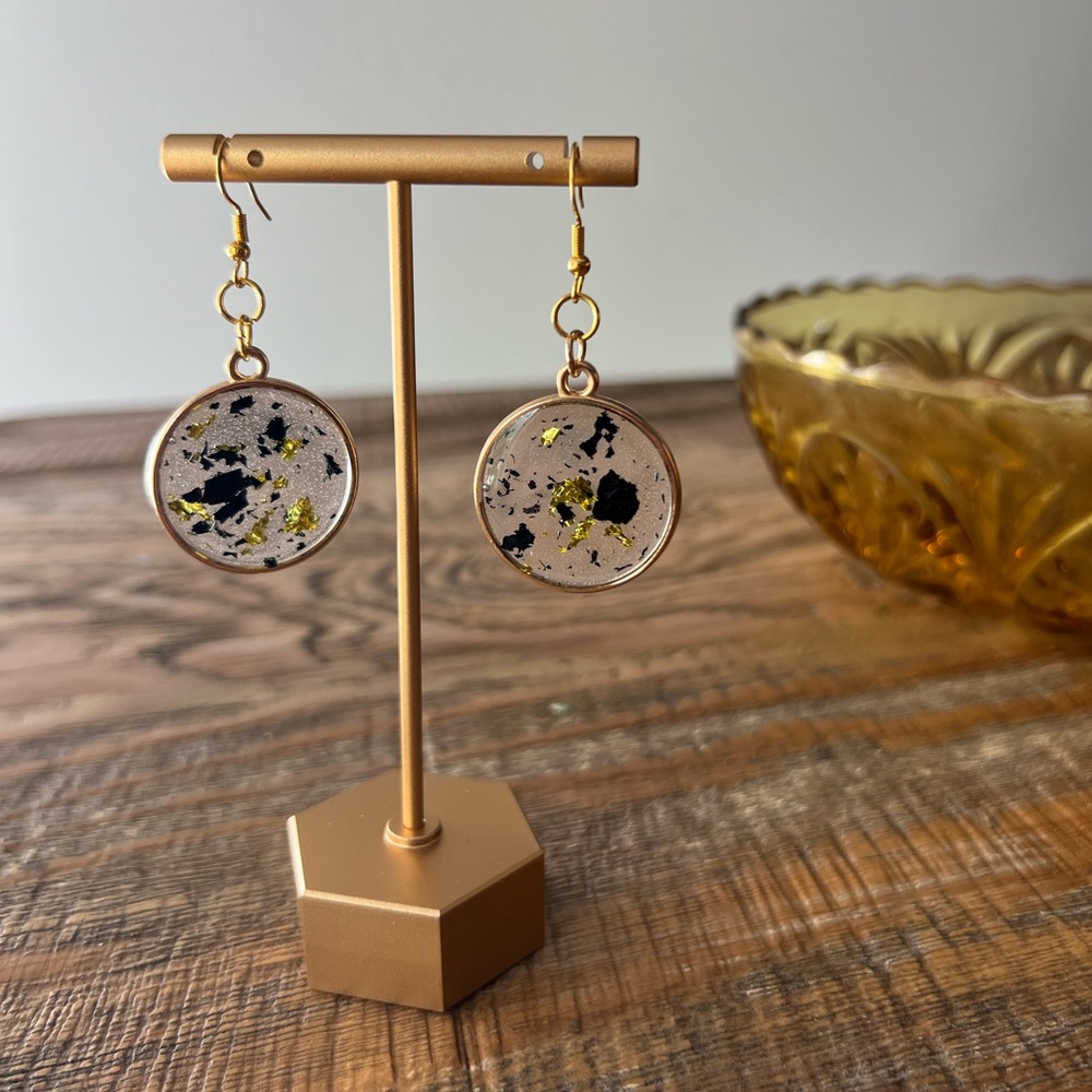 Gold & Black Glitter with Clear Resin Round Bezel Dangle Earrings